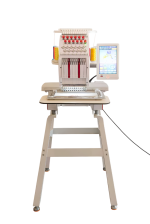 Compact embroidery machine with 12 or 15 needles, color LCD touch screen, and 270-degree wide cap frame.