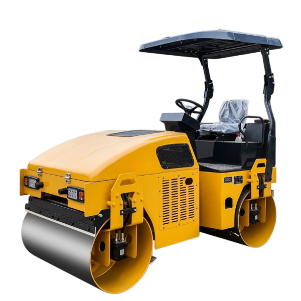 Compact diesel road roller with vibration drum and water tank for asphalt and soil compaction.