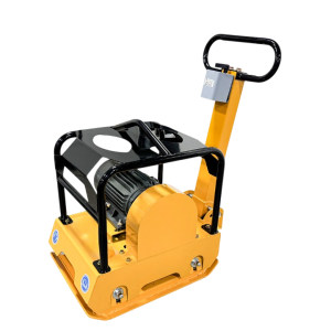 Electric plate compactor for soil, gravel, and asphalt with ergonomic design.