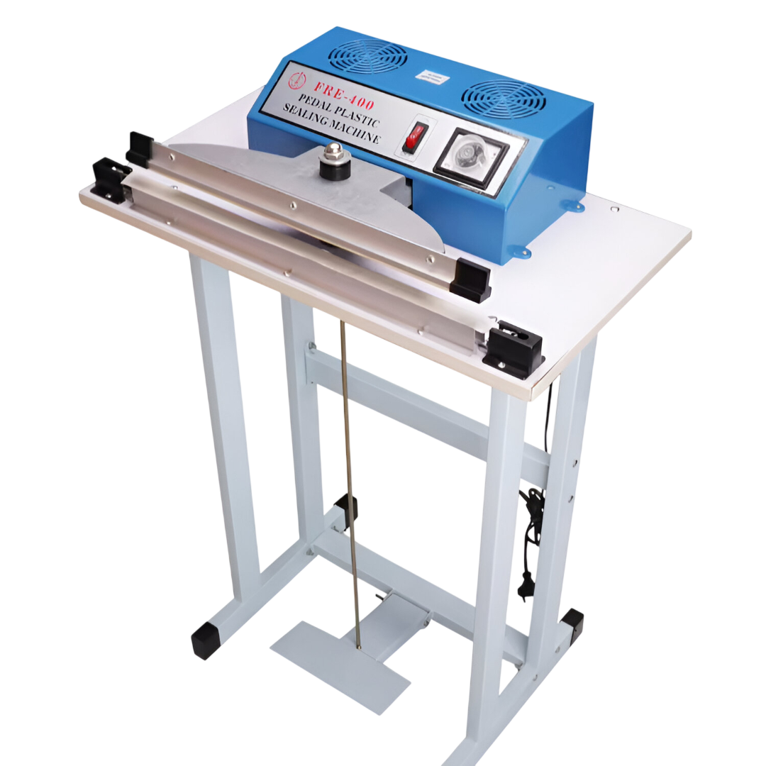 Foot pedal sealing machine for plastic bag and shrink film packaging in food and retail applications.