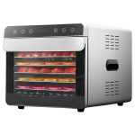 Household food dehydrator with stainless-steel trays, digital controls, and 35–85°C temperature range.