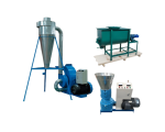 Pellet feed production line with crusher, mixer, conveyors, and pellet machine.