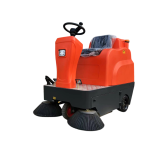 Ride-on floor sweeper with wide sweeping path, dual side brushes, solid tires, and battery-powered cleaning system.