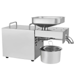 Stainless steel oil press machine with automatic feeder for cold and hot seed oil extraction.