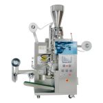 Automatic stainless steel tea bag packing machine with dual inner and outer bag system and PLC control panel.