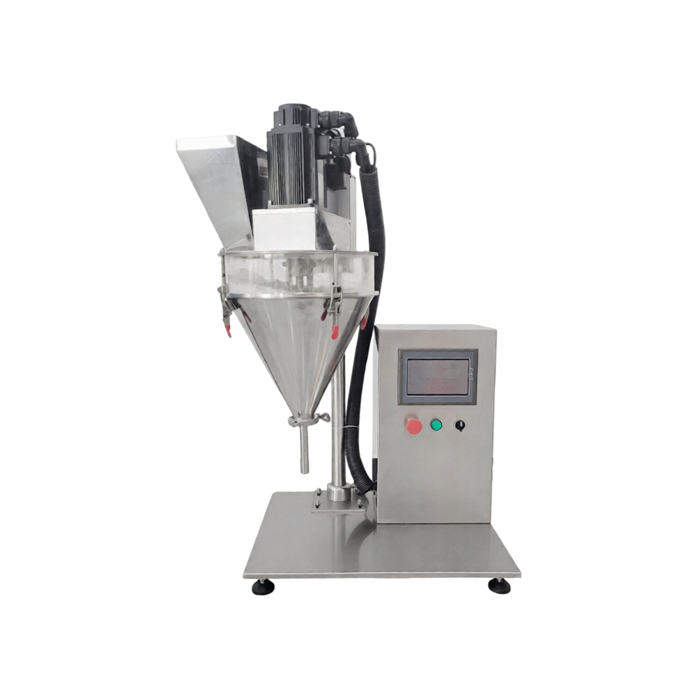 Auger powder filling machine for cosmetics, food, and chemical powders.