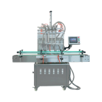Automatic four-head magnetic pump liquid filling machine with PLC touch screen and corrosion-resistant cylinders.