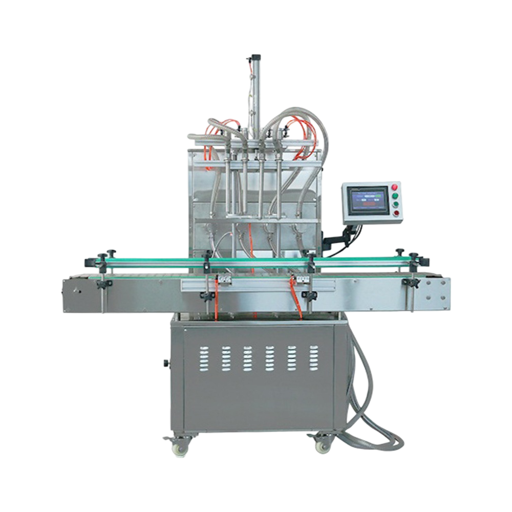 Automatic four-head magnetic pump liquid filling machine with PLC touch screen and corrosion-resistant cylinders.
