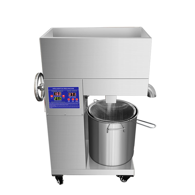 Automatic oil press machine with stainless steel hopper and oil extraction system for pressing seeds and nuts into natural cooking oil.