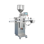 Automatic vertical servo filling machine for liquid and paste products with precision volume control.
