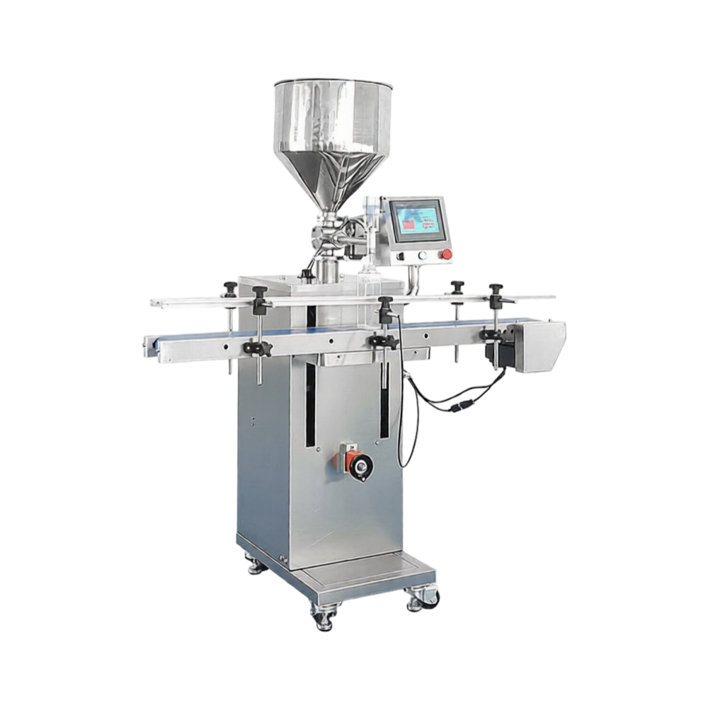 Automatic vertical servo filling machine for liquid and paste products with precision volume control.