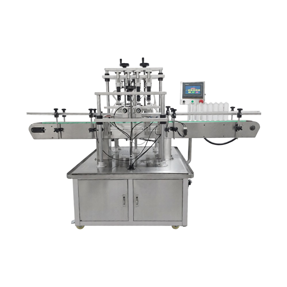 Automatic four head vacuum perfume filling machine for glass bottles with precise liquid level control.