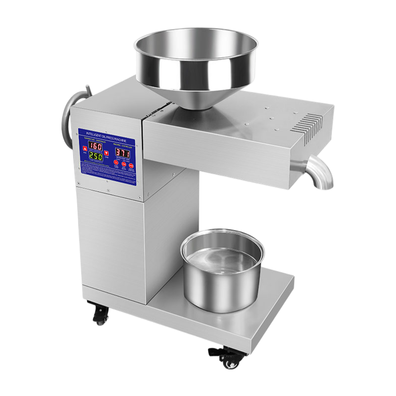 Commercial stainless steel oil press machine with hopper and oil collection cup for extracting oil from seeds and nuts.