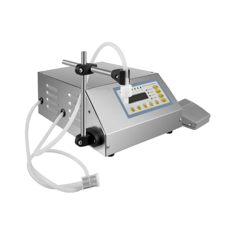 Compact digital liquid filling machine with control panel for precise bottle filling.