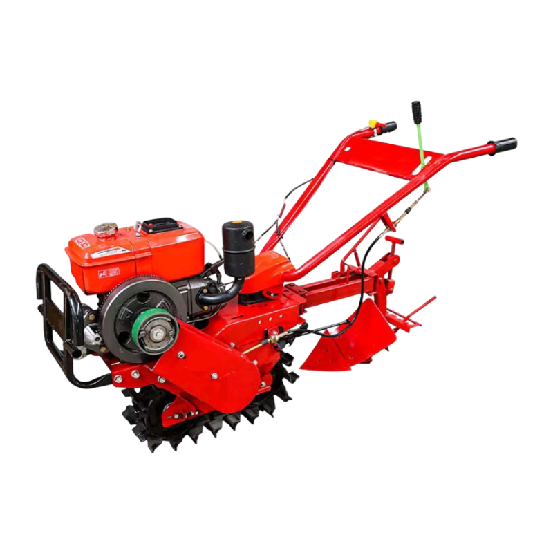 Diesel track tiller with 8HP engine and reversible plow for soil cultivation in farms and agricultural fields.
