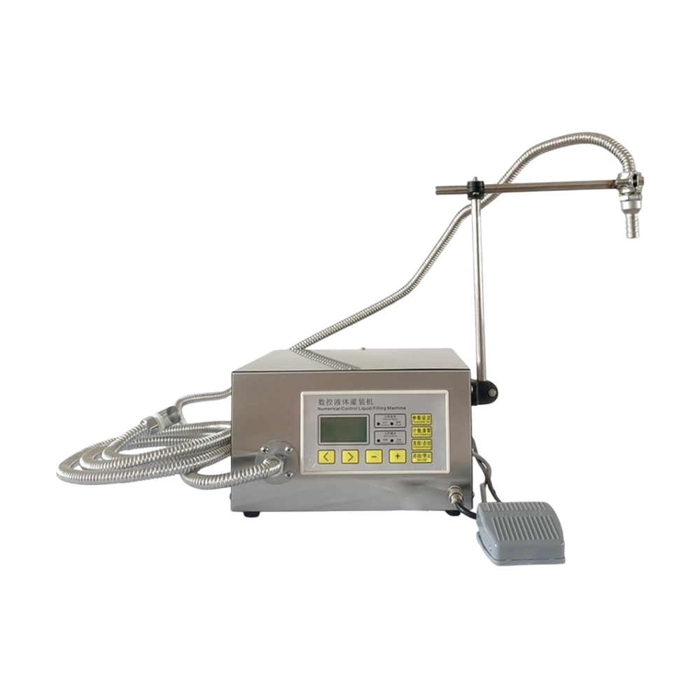 Digital edible oil filling machine with stainless steel hose and control panel for precise liquid dispensing.