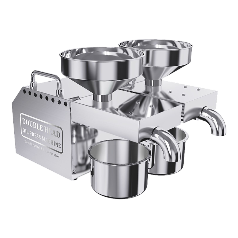 Double head oil press machine with stainless steel screws for extracting oil from seeds and nuts.