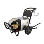 High-pressure washer with brass pump head and trolley frame for heavy-duty cleaning.