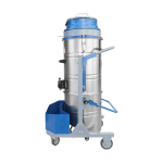 Industrial 100L and 140L wet & dry vacuum cleaners with stainless steel barrels, handles, 3 motors, and long hoses for heavy-duty warehouse and factory cleaning.