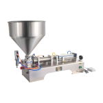 Pneumatic paste filling machine with stainless steel hopper for creams and liquids.