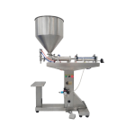 Single nozzle paste filling machine for viscous materials with adjustable bottle holder.