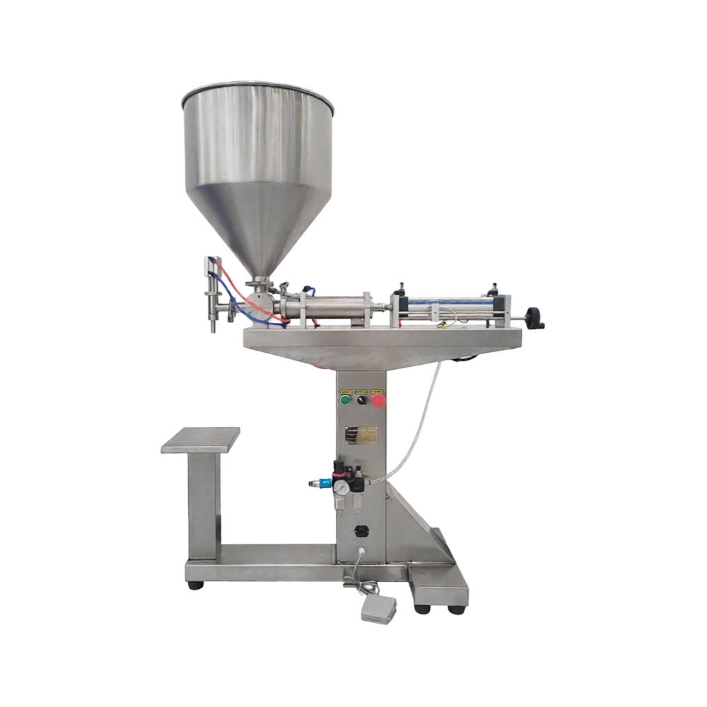 Single nozzle paste filling machine for viscous materials with adjustable bottle holder.