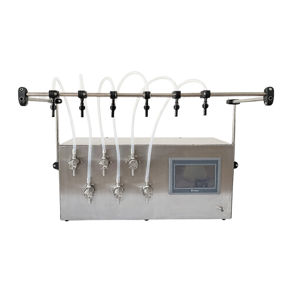 Six head liquid filling machine with magnetic pump and PLC control.