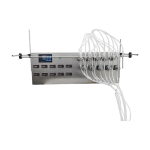 Ten nozzle liquid filling machine with magnetic pump system for low viscosity liquids.
