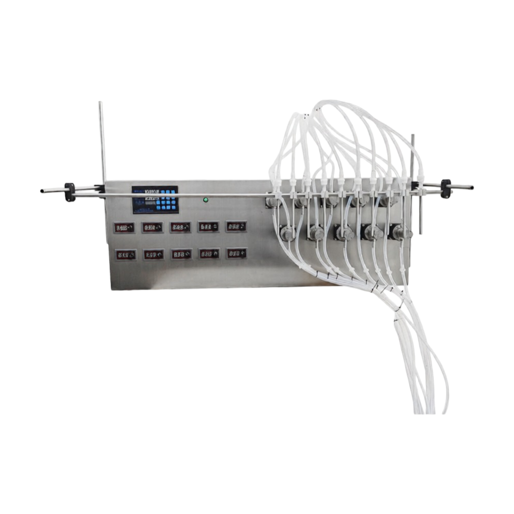 Ten nozzle liquid filling machine with magnetic pump system for low viscosity liquids.