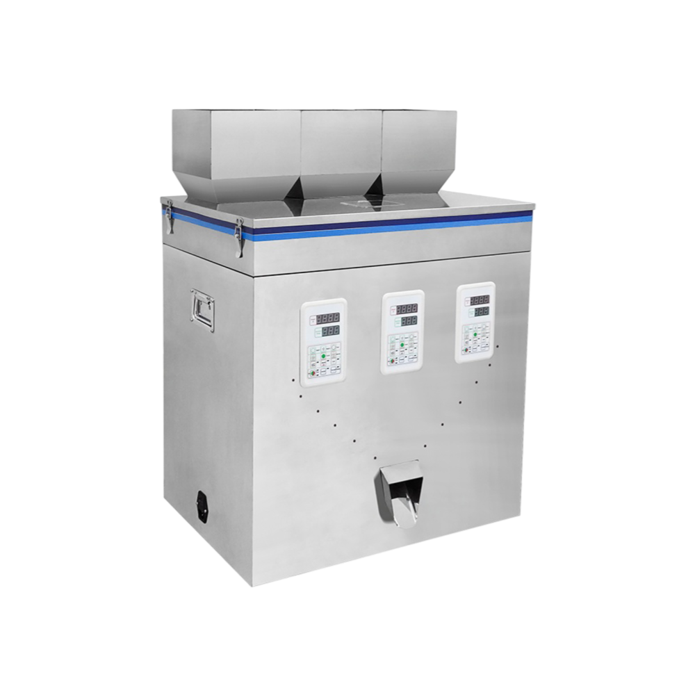 Three head filling machine for powders and granules packaging.