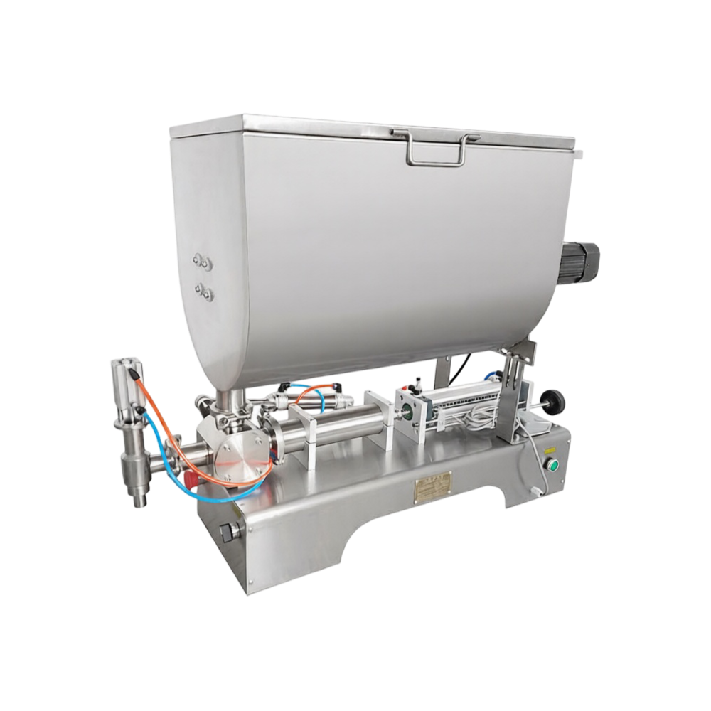 U-type pneumatic sauce filling machine with mixing system for thick sauces.