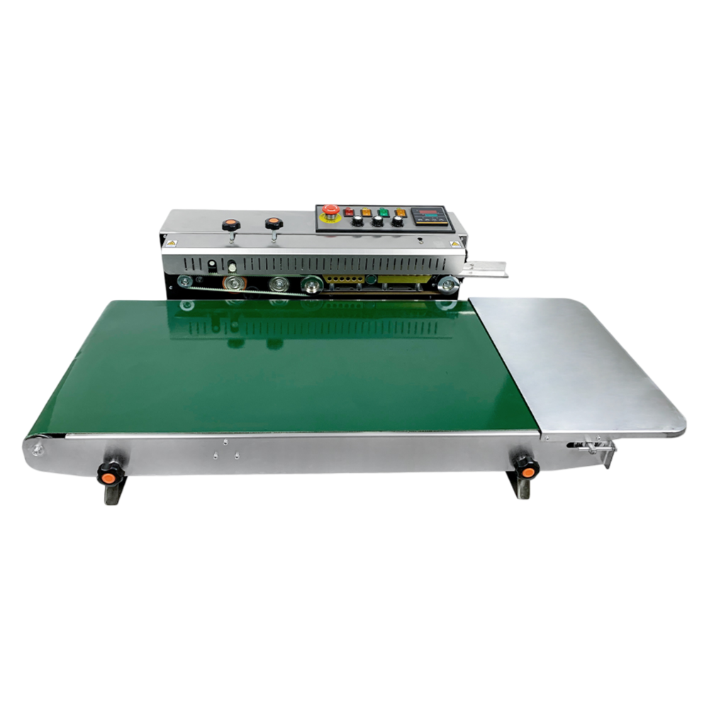 Automatic band sealer machine with conveyor system for sealing plastic bags and film packaging.