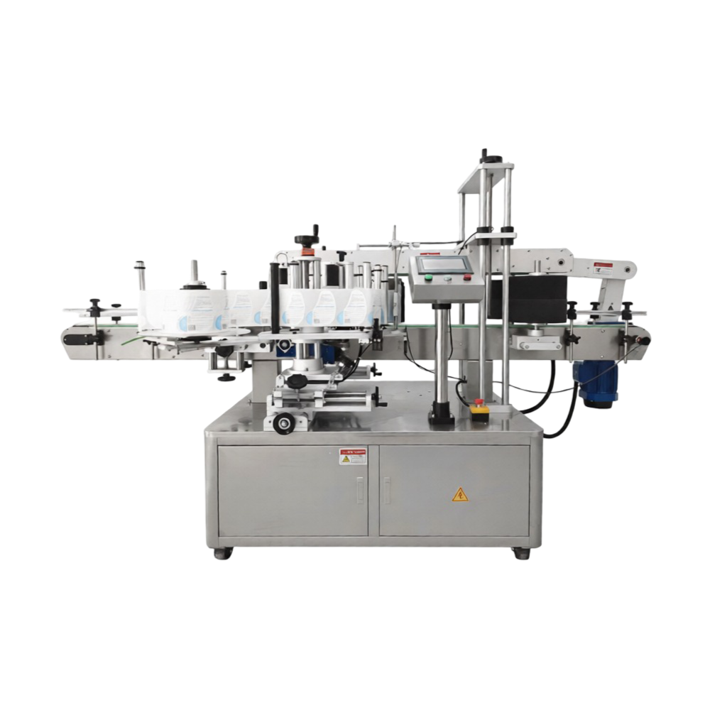 Automatic double-sided labelling machine for flat and round bottles in industrial packaging line.