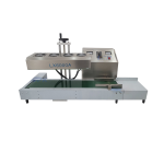 Compact induction sealing machine sealing aluminum foil caps on plastic and glass bottles on a conveyor system