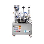 Double head ultrasonic tube filling and sealing machine with rotary table for cosmetic and food packaging.