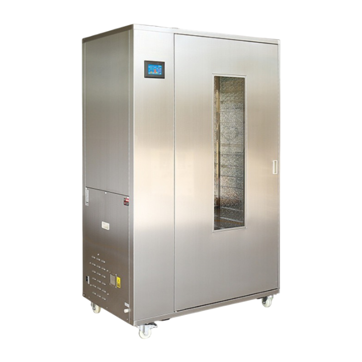 Stainless steel food dehydrator drying machine with multiple trays for drying fruits vegetables and meat efficiently.