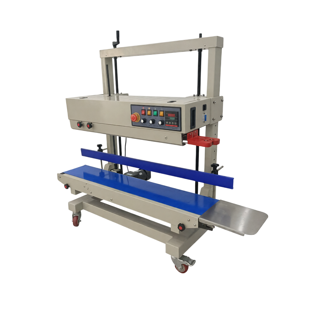 Heavy duty vertical band sealer sealing large plastic and foil bags with adjustable height conveyor system.