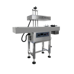 Continuous induction sealing machine sealing aluminum foil caps on plastic bottles on conveyor system