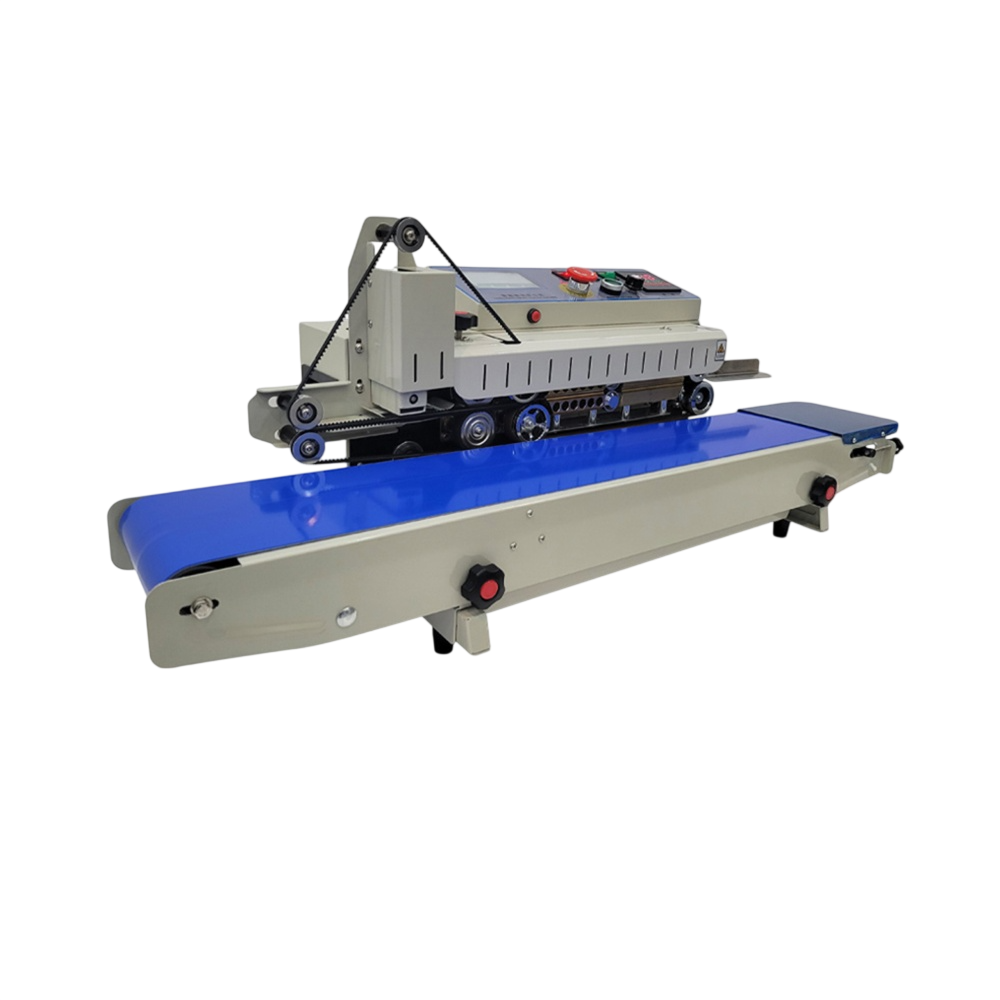 Automatic inkjet band sealer sealing and printing on plastic bags in a continuous packaging production line