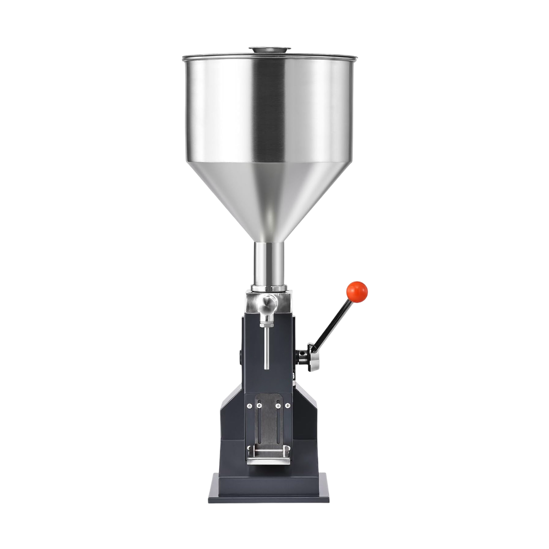 Manual stainless steel liquid filling machine for precise bottle filling in small-scale production.