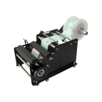Manual round bottle labeller applying label to round plastic bottle on compact tabletop machine.