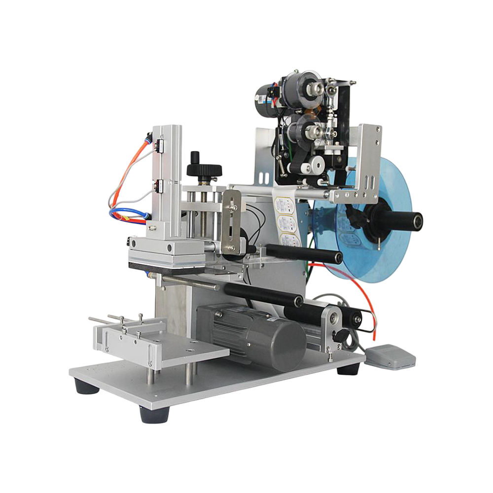 Semi-automatic flat surface labelling machine with date printer for cartons and boxes.
