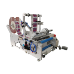 Semi-automatic round bottle labelling machine for wrap and front back label application.