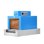 Semi automatic shrink wrapping machine with mesh conveyor sealing products using heat shrink film in industrial packaging line.