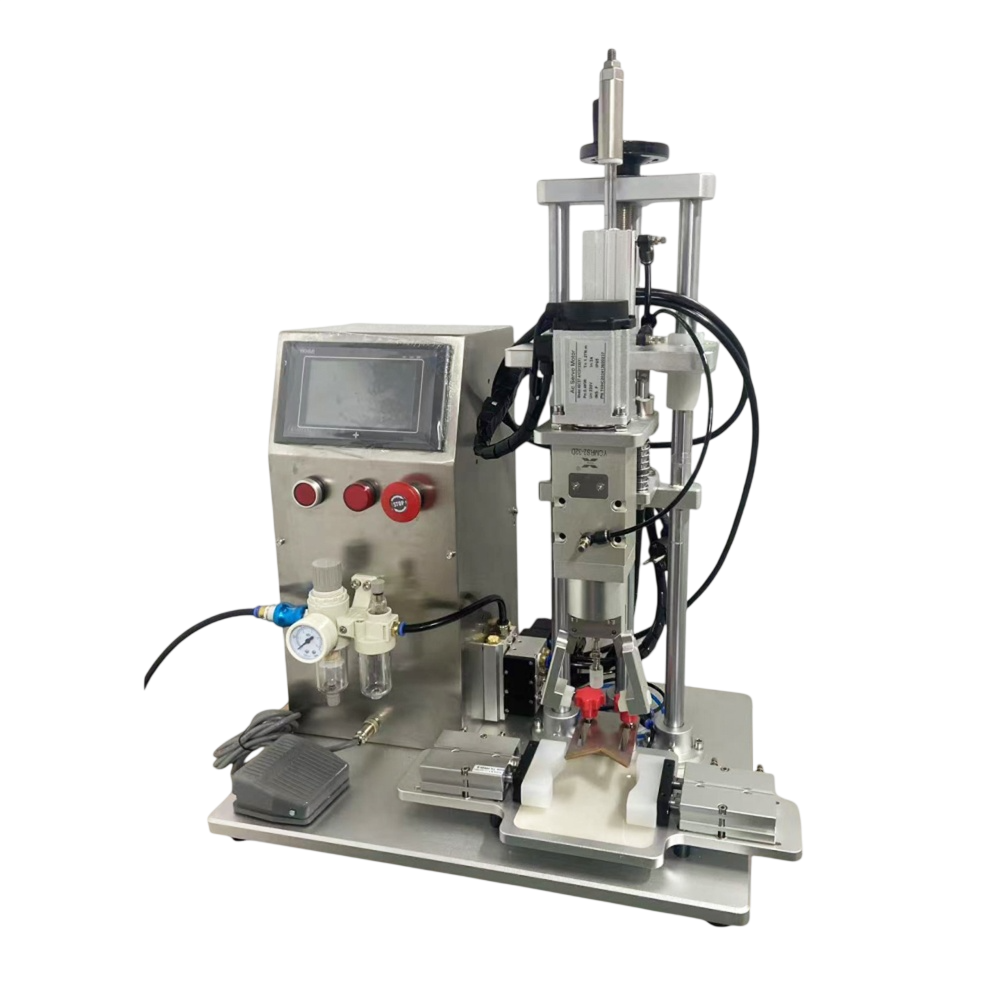 Semi-automatic two claw bottle capping machine tightening caps on irregular shaped bottles with adjustable fixture