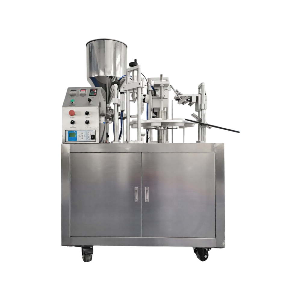 Ultrasonic tube filling and sealing machine for cosmetic and industrial soft tube packaging.