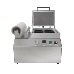 Semi automatic vacuum tray sealing machine sealing meat trays with tight film wrap in food packaging process