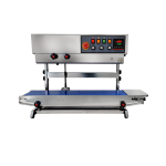 Vertical continuous band sealing machine sealing and coding plastic bags in upright position for food and chemical packaging