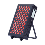Desktop red light therapy device with adjustable stand, 75 LED lights, five wavelength spectrum, and compact portable design for skincare and wellness use.
