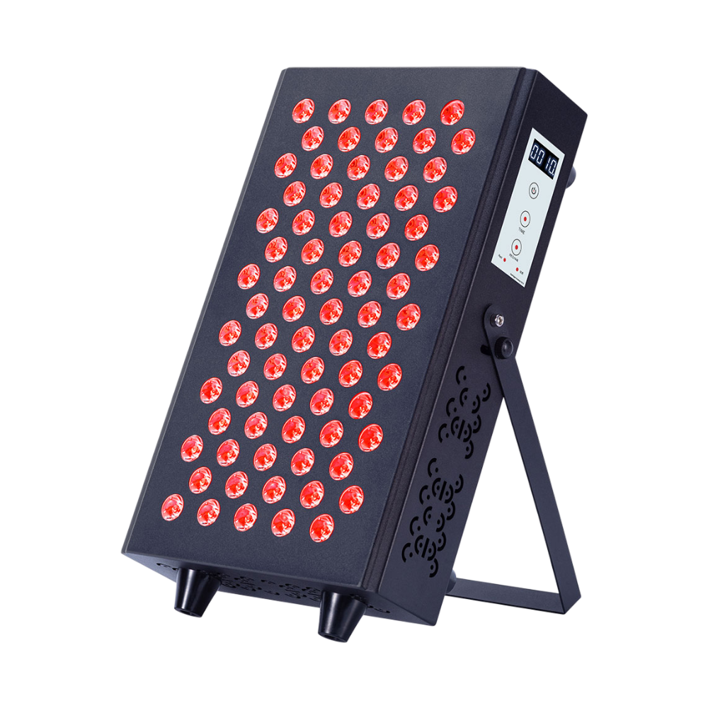 Desktop red light therapy device with adjustable stand, 75 LED lights, five wavelength spectrum, and compact portable design for skincare and wellness use.